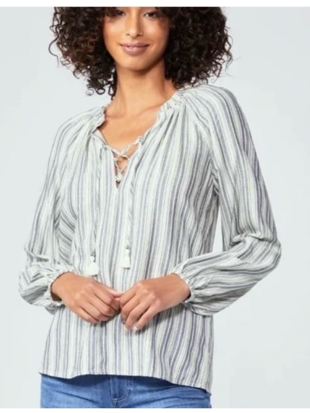 Paige Women's Karra Top Raglan Sleeve Ruffle Neckline Lace Up Detail on Front